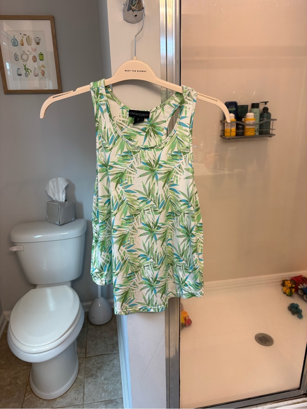 Cynthia Rowley White Tank Top with Green Tropical Leaf Print
